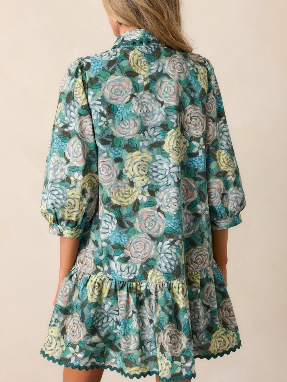 Cottagecore Green Floral Cotton Drop Waist Mini Dress Romantic Prairie Sz LG - Picture 6 of 16